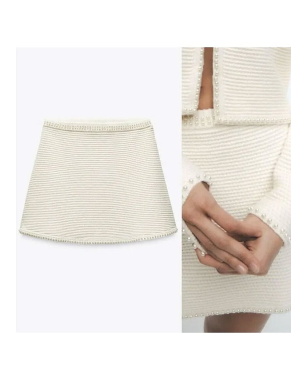ZARA Pearl Trim Textured Knit Mini Skirt